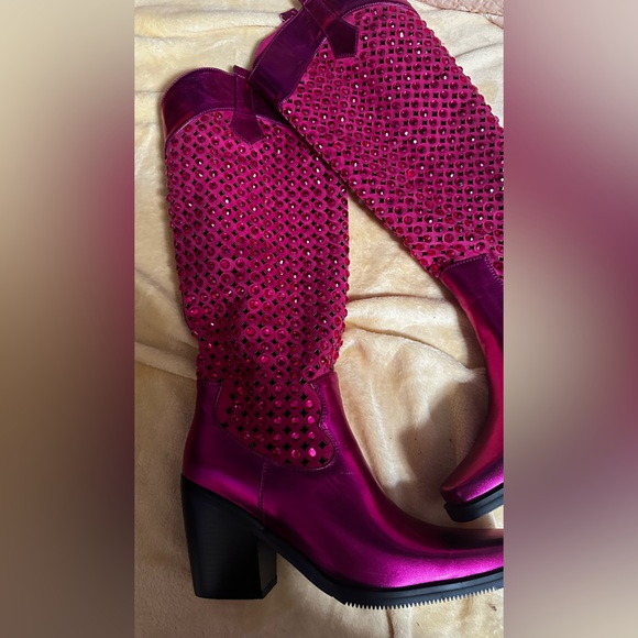 Fuchsia Studded Heeled Boots - Picture 3 of 9